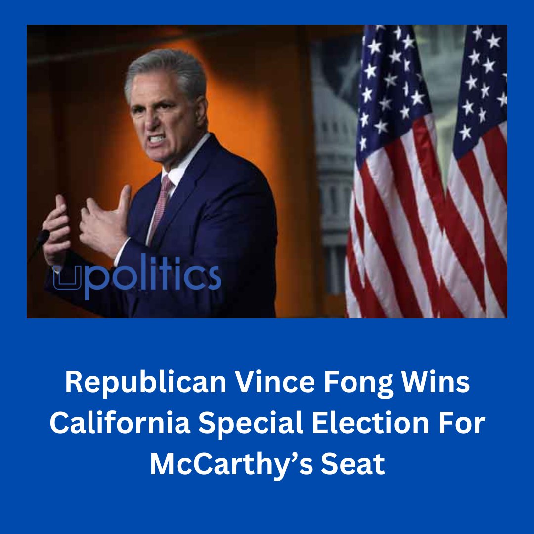 Full Story: upolitics.com/news/republica…

California state Assemblyman Vince Fong has won the special election to succeed former House Speaker Kevin McCarthy in the state’s 20th Congressional District. #VinceFong #KevinMcCarthy #Assemblyman #politics #news