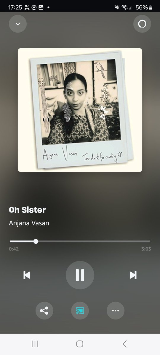 Turns out @aj_vasan (from We Are Lady Parts and Demon '79, which is one of my favourite Black Mirror episodes) is really a musician.
I'm listening to her debut EP, 'Too Dark For Country.'