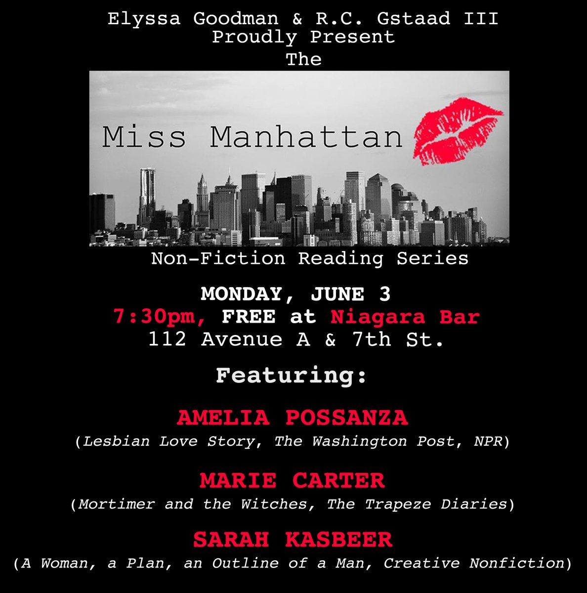 Next week:

Join us <a href="/NiagaraNYC/">Niagara</a> for <a href="/AmeliaPossanza/">Amelia Possanza</a>, Marie Carter, and <a href="/sarahkasbeer/">childless cat lady</a>!

See you then 💋