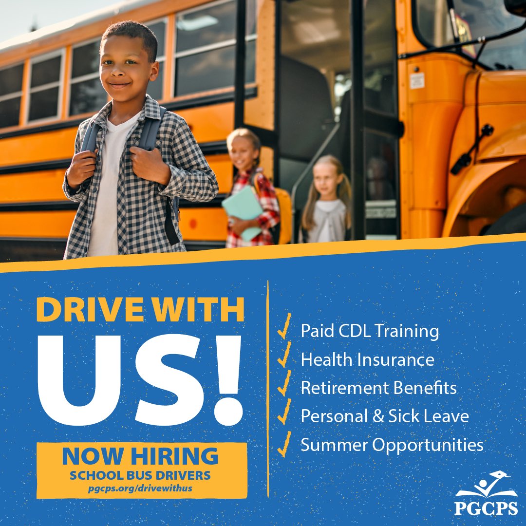 Drive with us! 

Join PGCPS for a virtual bus driver recruitment event on Wednesday, May 29.

Register now to attend and learn about future recruitment events:  docs.google.com/forms/d/e/1FAI…
