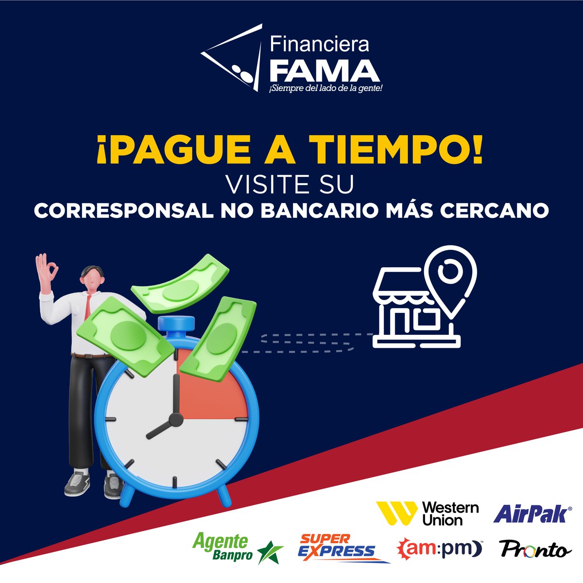 Pagar las cuotas de sus créditos es muy fácil. Puede visitar su Corresponsal No Bancario más cercano y listo.
📍Super Express
📍AirPak - Western Union
📍AMPM
📍Pronto
📍Agente Banpro