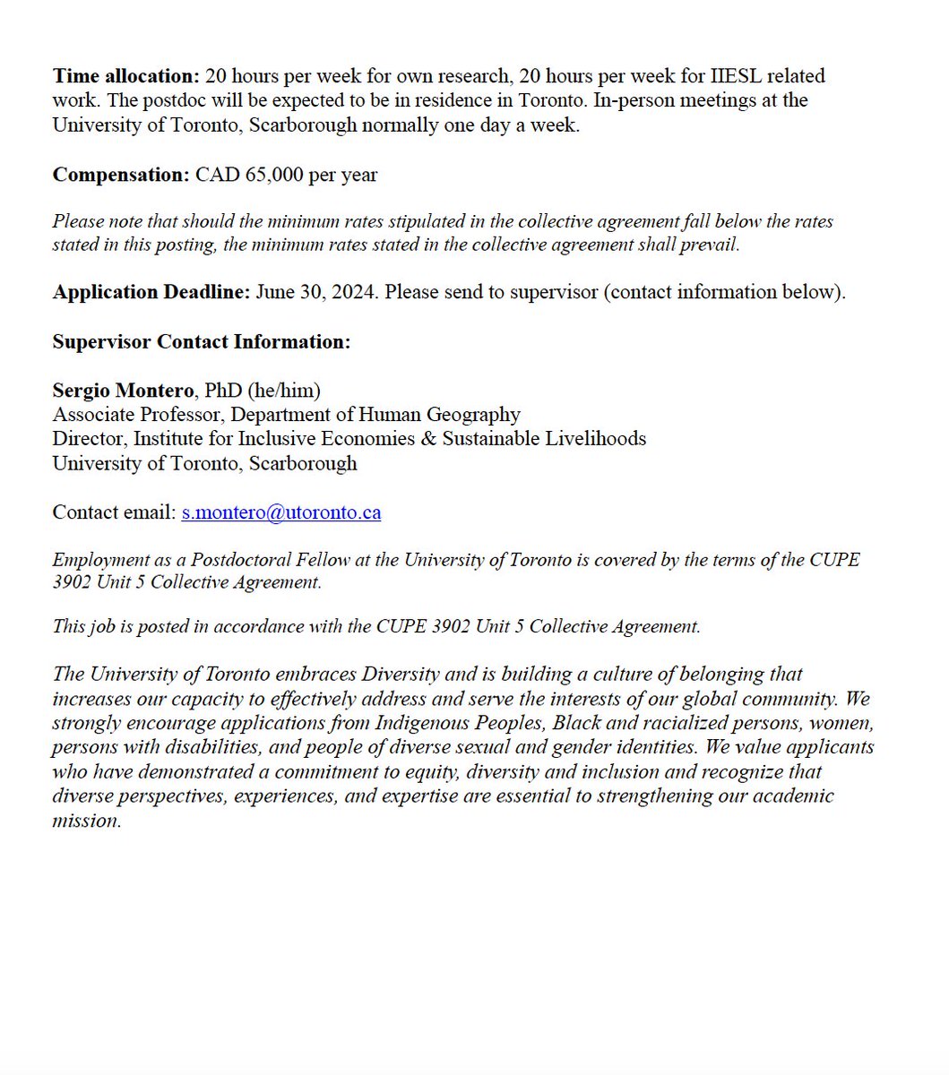 I'm seeking a postdoc to work with me in the recently established Institute for Inclusive Economies and Sustainable Livelihoods at @UTSC. 📅 Starting date: Sept/Oct 2024 (1 year term, with potential extension to 2 years) 🚀 Applications due: June 30, 2024. More details below!
