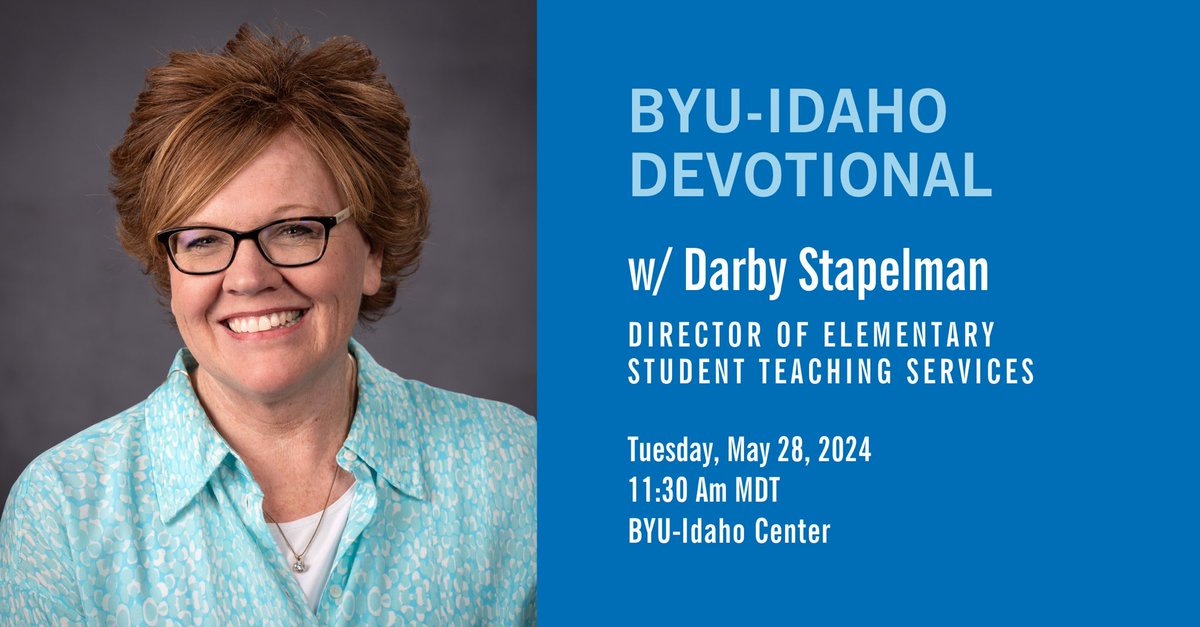 Join us at 11:30 a.m. MDT at byui.edu/speeches/devot… for a #BYUIdevo with Darby Stapelman, Director of Elementary Student Teaching Services.  

#byui #byuidaho #devodesignedforyou