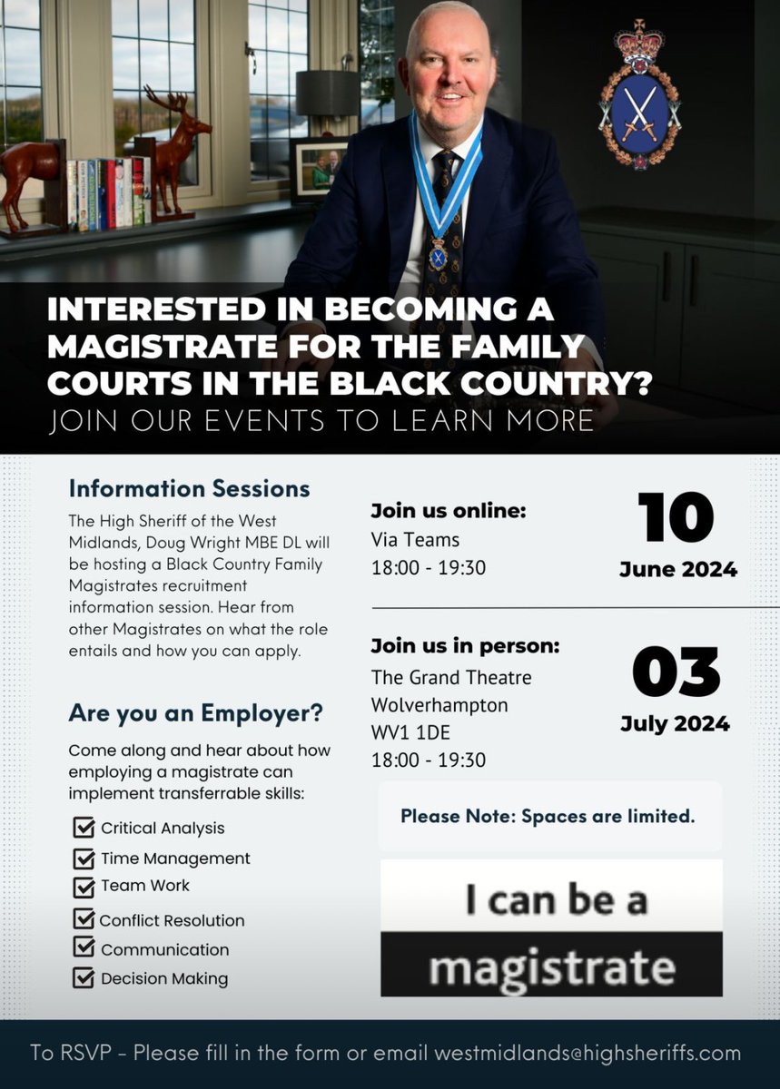 🔍 Interested in becoming a Family Court Magistrate in the Black Country? 

Join us for an informative session hosted by High Sheriff of the West Midlands, Doug Wright MBE DL. 
Learn from current Magistrates about the role and how to apply. Discover how you or your employee's can