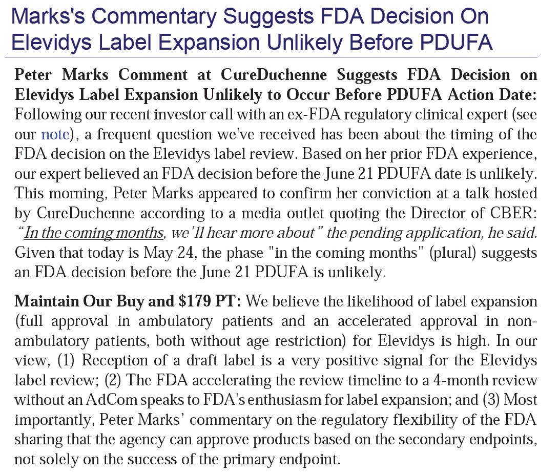 $SRPT Peter Marks Comment at CureDuchenne Suggests FDA Decision on
Elevidys Label Expansion Unlikely to Occur Before PDUFA Action Date