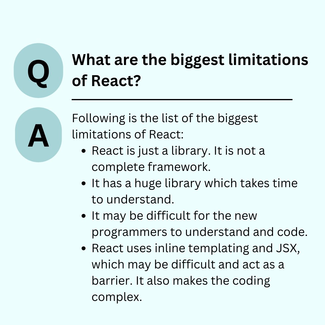Bhavana83491661's tweet photo. React Interview Questions
.
.
.
What are the biggest limitations of React?
.
.
.
for more interview questions and tutorial
https://t.co/SUn2jESwek
check the above link
.
.
.
#reactjs #nodejs #angularjs #vue #reactprops #reactstate #reactnative #jquery #reactjsx #nodejs https://t.co/wC5XoRD7A6