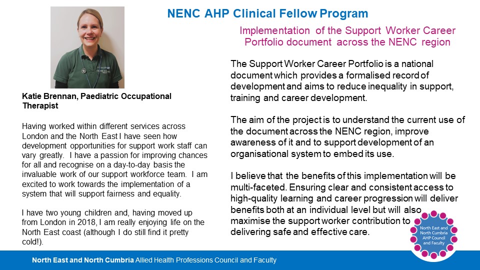 NENC AHPs (@nencahps) on Twitter photo Introducing Katie.
Katie is leading on the AHP Support Workforce Career Portfolio, working with AHP leads and support workers to increase the awareness of and uptake of this fabulous resource.
<a href="/NENC_NHS/">North East and North Cumbria NHS</a> <a href="/MQuinn2020/">Dr Maria Avantaggiato-Quinn</a> <a href="/ruth_mhlanga/">Ruth Mhlanga</a> <a href="/Lucia44535015/">Lucia</a> <a href="/glennie_jennie/">JennieGlennie</a> <a href="/ArdittoClaire/">Claire Arditto</a> Introducing Katie.
Katie is leading on the AHP Support Workforce Career Portfolio, working with AHP leads and support workers to increase the awareness of and uptake of this fabulous resource.
<a href="/NENC_NHS/">North East and North Cumbria NHS</a> <a href="/MQuinn2020/">Dr Maria Avantaggiato-Quinn</a> <a href="/ruth_mhlanga/">Ruth Mhlanga</a> <a href="/Lucia44535015/">Lucia</a> <a href="/glennie_jennie/">JennieGlennie</a> <a href="/ArdittoClaire/">Claire Arditto</a>