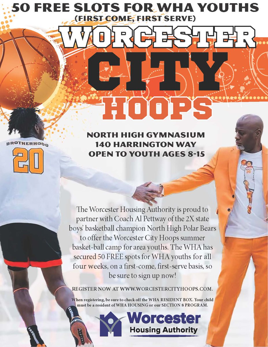 WHAuthority's tweet photo. WHA youths can hoop it up for FREE at the 2024 Worcester City Hoops Summer Camp led by 2X State Champion Basketball Coach @alpettway. 50 FREE slots available for WHA youths. Register NOW at https://t.co/JWEGCtXzJH. Please share!  #northhigh #basketball #summer #worcester https://t.co/hmdKxbGRyr