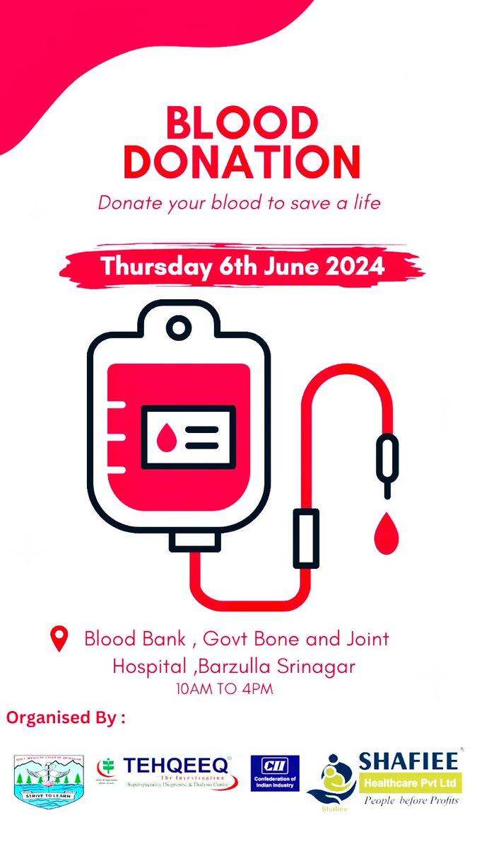 A blood donation camp is being organised at the Bone and Joint Hospital on June 6th! Your participation in this event is deeply appreciated, as your donation has the potential to save someone's life! 

Join in making a difference and giving the gift of life!