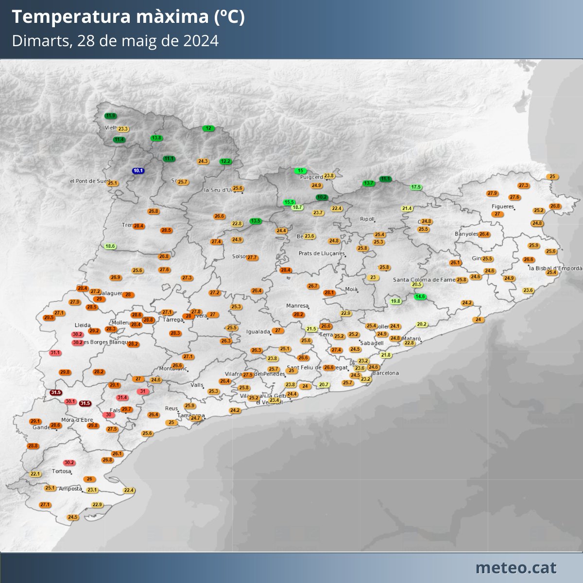 Avui la temperatura màxima ha pujat arreu, tret del litoral i prelitoral, en especial a Ponent. Al Segrià i nord de la Ribera d'Ebre s'han assolit valors màxims de 31 i 31,5 °C.
meteo.cat/observacions/x…