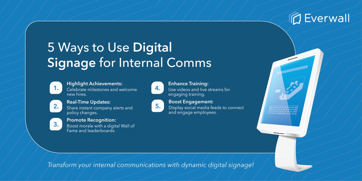 Transform your internal communications with digital signage! Discover 5 innovative ways to keep your team informed and engaged. 📊💼

#DigitalSignage #InternalComms #EmployeeEngagement #CompanyCulture #WorkplaceInnovation
