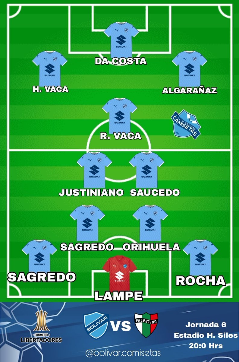 PROBABLE FORMACIÓN DE BOLÍVAR PARA ESTA NOCHE:

🏆 CONMEBOL Libertadores  Fecha 6.
🕖 20:00 Hrs
🇧🇴 Estadio Hernando Siles
⚽ Bolivar vs Palestino.
🩵 Por la clasificación a octavos.

#ClubBolivar
#bolivar
#bolivarcamisetas
#ConmebolLibertadores
#copalibertadores
#Palestino