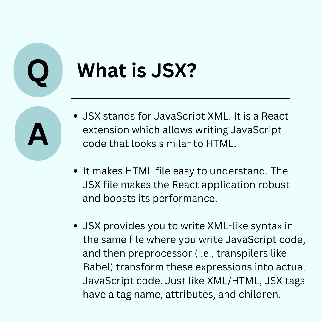 Bhavana83491661's tweet photo. React Interview Questions
.
.
.
What is JSX?
.
.
.
for more interview questions and tutorial
https://t.co/SUn2jESwek
check the above link
.
.
.
#reactjs #nodejs #angularjs #vue #reactprops #reactstate #reactnative #jquery #reactjsx #nodejs https://t.co/LbR7sVMLPy