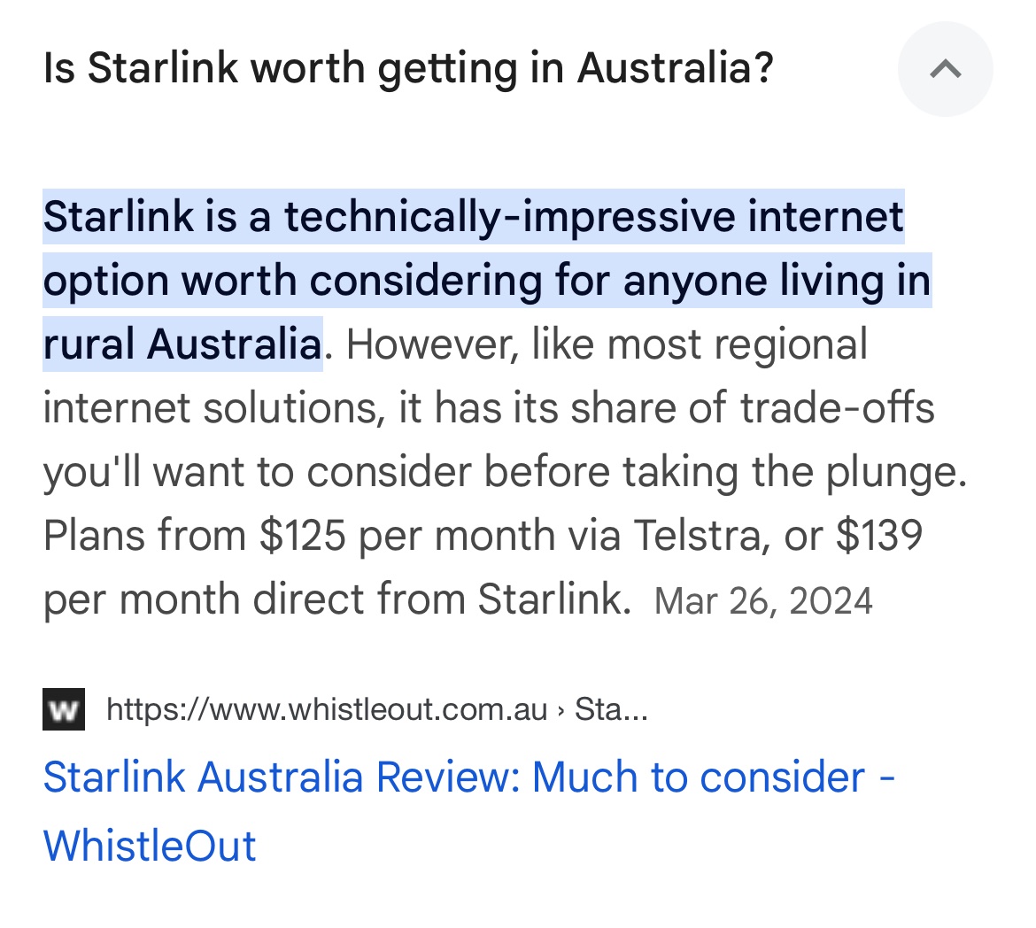 @Mwolltto Maybe you can get Starlink service now, through Telstra?