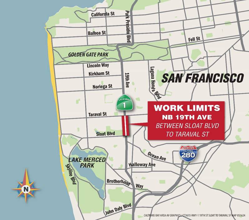 District Traffic Alert: Starting tomorrow 5/29, major pothole & pavement repairs will get underway on 19th Ave, btwn Sloat & Taraval, in San Francisco. That means 2 northbound lanes will be closed 9 am-3pm. Plan for delays since only one lane will remain open thru Friday 5/31.
