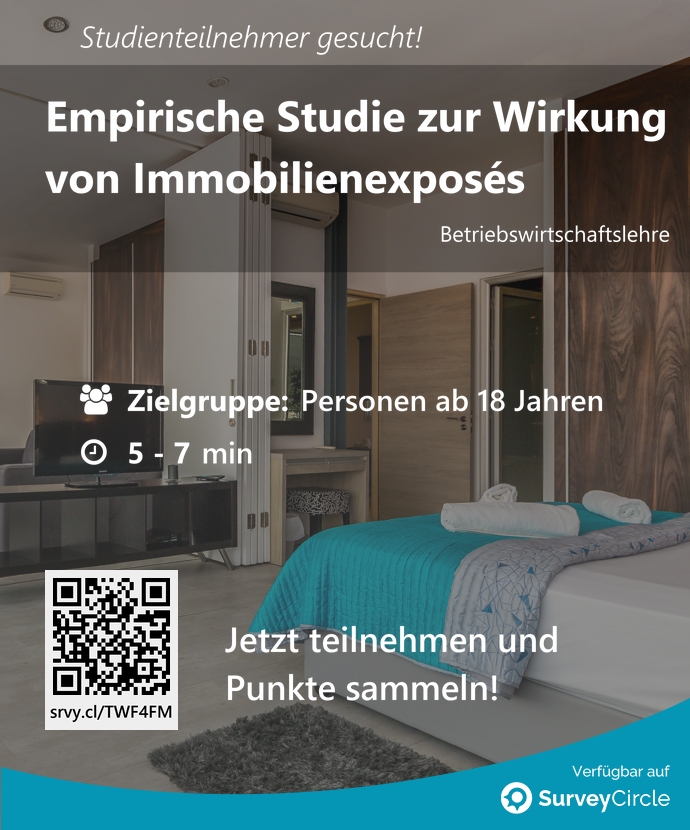 Teilnehmer gesucht für top-platzierte Online-Studie: 'Empirische Studie zur Wirkung von Immobilienexposés' surveycircle.com/TWF4FM/ via @SurveyCircle #th_koeln #immobilien #präferenzen #studie #haus #wohnung #wohnen