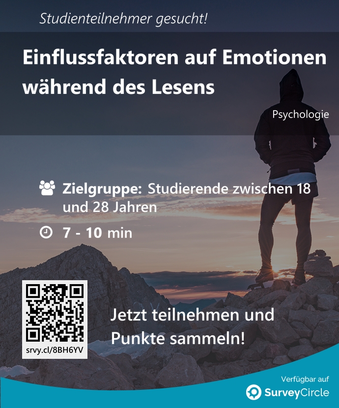 Teilnehmer gesucht für top-platzierte Online-Studie: 'Einflussfaktoren auf Emotionen während des Lesens' surveycircle.com/8BH6YV/ via @SurveyCircle #univienna #psychotraumatologie #affekt #textrezeption #texte