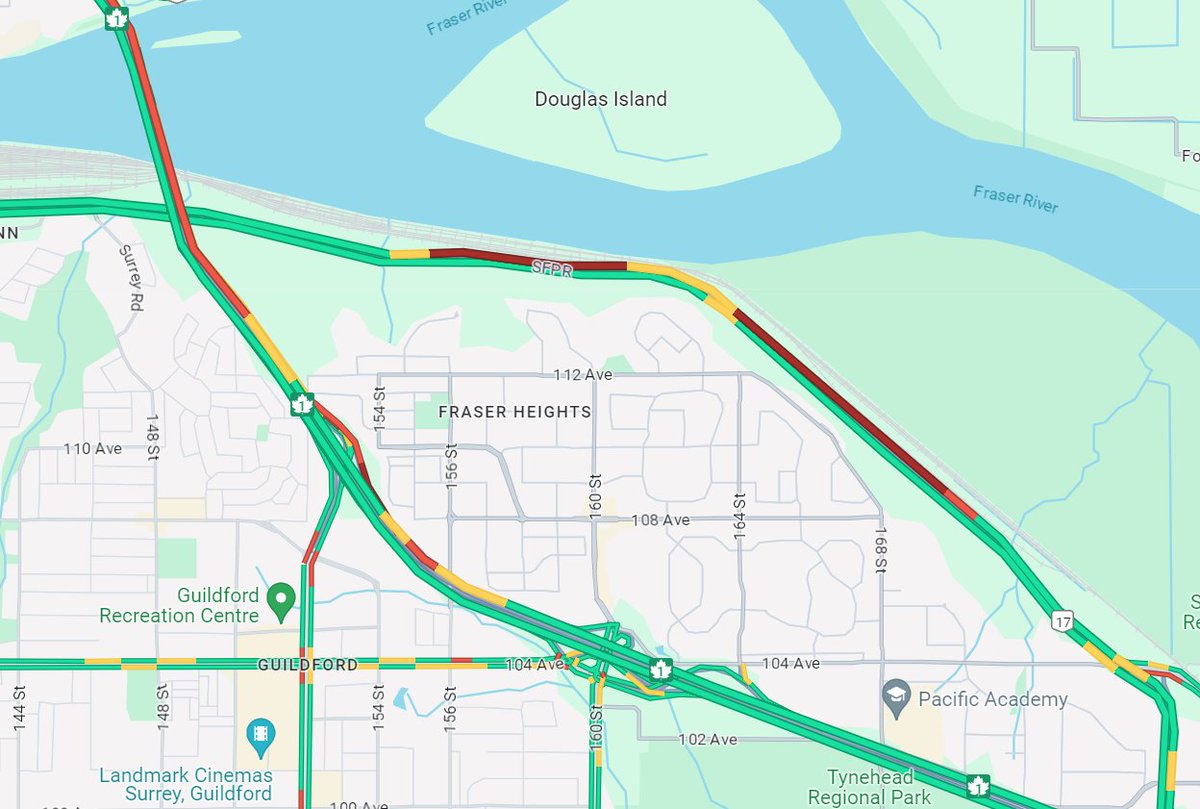 ⚠REMINDER - #BCHwy17 westbound vehicle incident before #PortMannBridge blocking the left lane. Expect delays due to heavy congestion, crews on scene. drivebc.ca/mobile/pub/eve… #SFPR #SurreyBC