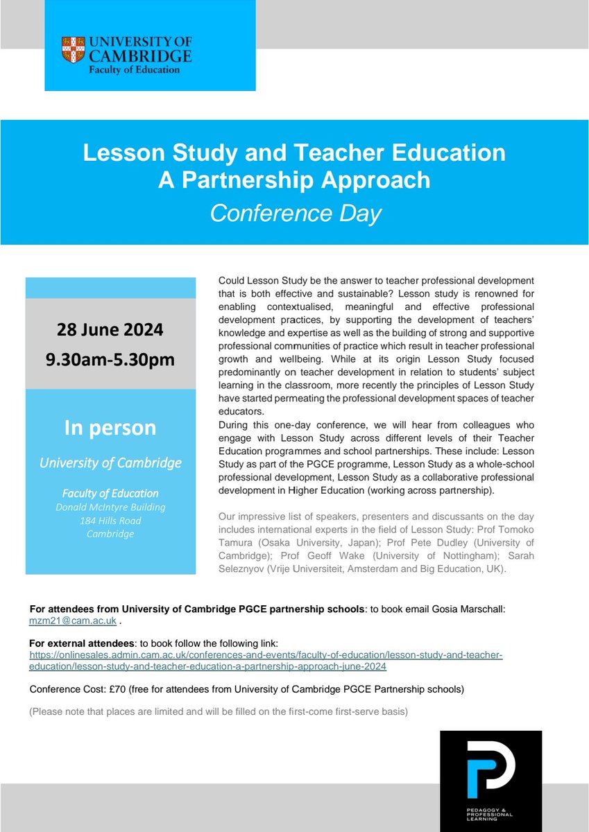Very important day for all in teacher ed - especially in ITE & ECT who want to find out about how integrating #lessonstudy can work. Amazing UK-wide exemplars, working models and speakers @CamEdFac @Camtree_HH @Collab_LR @UCET_UK onlinesales.admin.cam.ac.uk/conferences-an…