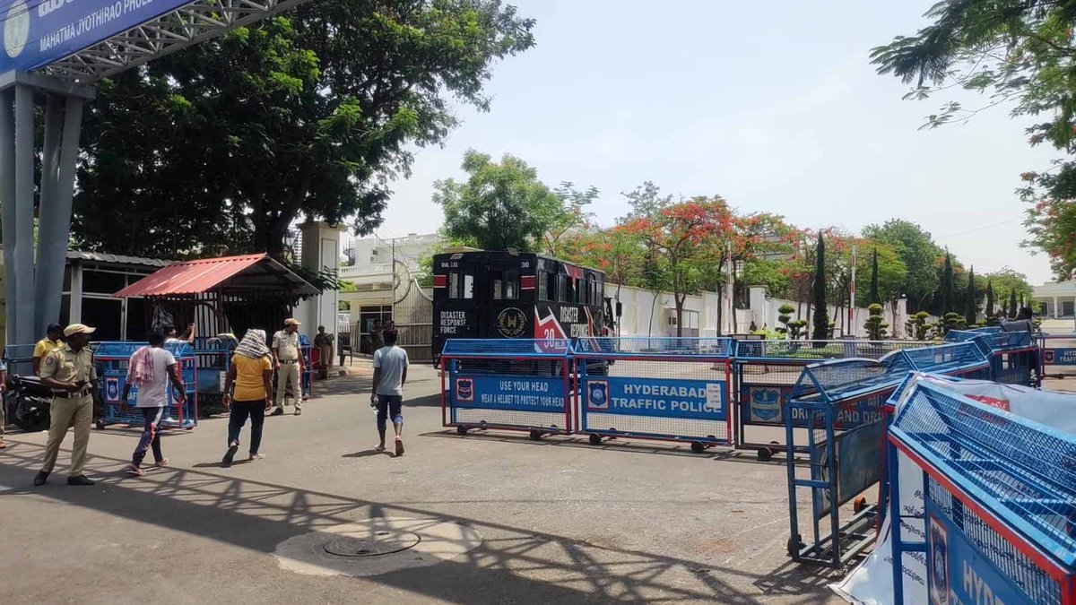 Police and dog squad teams conducted thorough inspections at Praja Bhavan in Hyderabad after an unknown caller dialed the Police Control Room reporting a bomb at Praja Bhavan. The threat was proved to be a hoax after checking. Police registered a case and began investigation