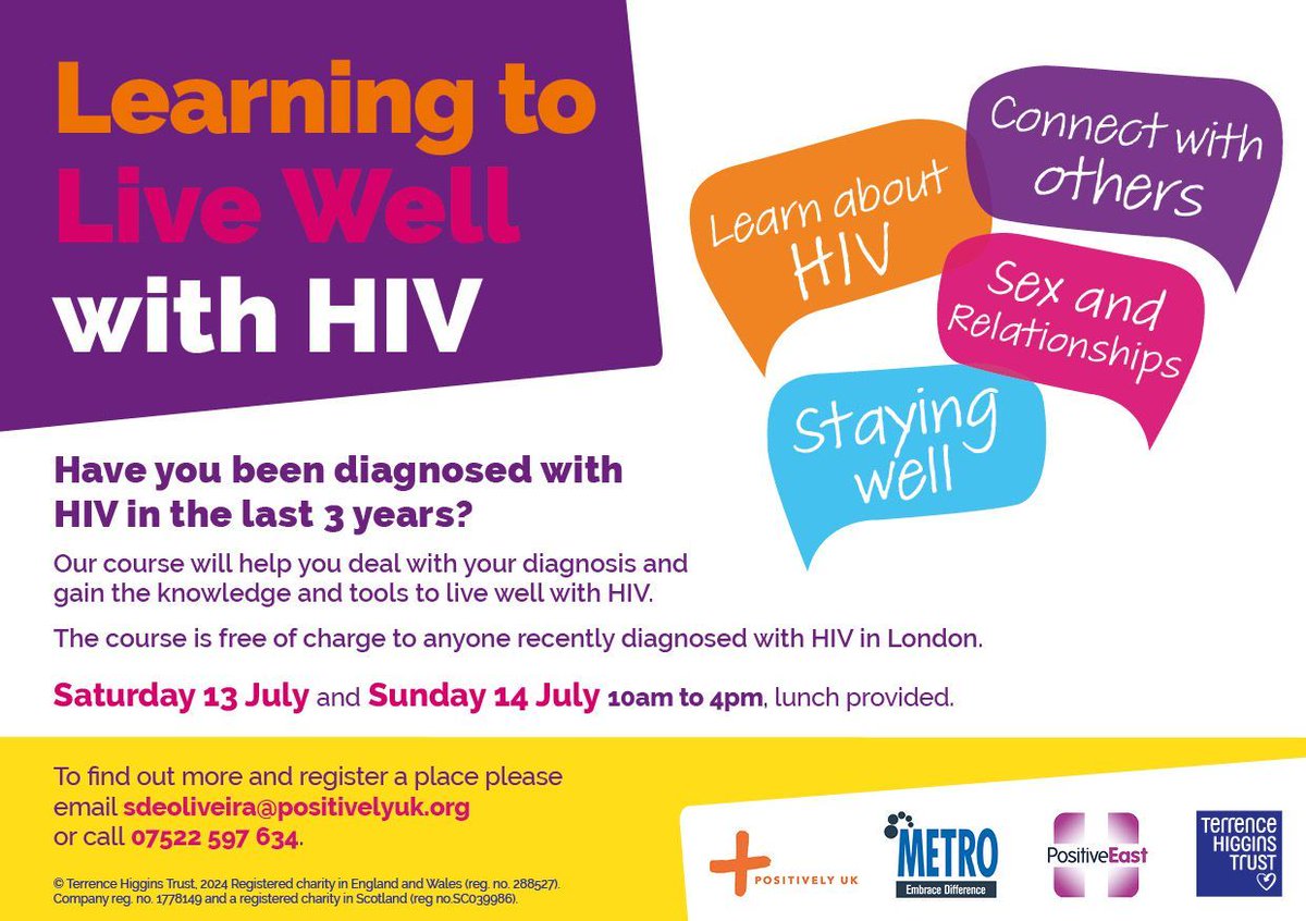 Are you looking for support following an #HIV diagnosis? @Positively_UK is delivering a weekend of free 'Learning to Live Well with HIV' community workshops, which we will co-facilitate alongside our friends at @THTorguk and @PositiveEast.