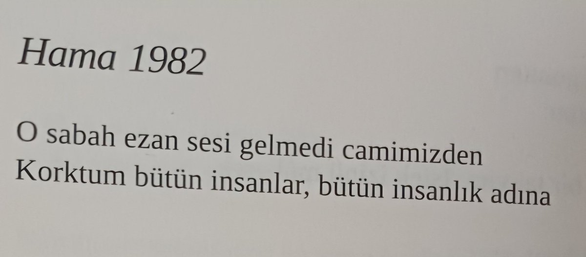 h_mustafaozel's tweet photo. "O sabah ezan sesi gelmedi camimizden
Korktum bütün insanlar, bütün insanlık adına"

Cahit Zarifoğlu, Şiirler, syf. 428.
#GazzedeKatli̇am
.. https://t.co/avAc9I7nr6 https://t.co/hJMw4sSyas