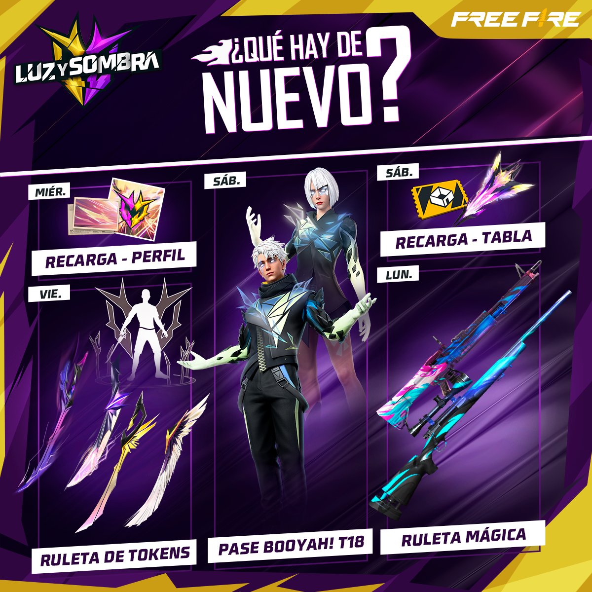 📕 ¡LA #AGENDASEMANAL ESTÁ AQUÍ! 📕

💥 ¡Equípate para la BATALLA FINAL! 🔫 Abre tu camino hacia la victoria con las katanas Corte Sombraluz ⚔️, elévate con las alas del emote ⏫ y vuela hacia el atardecer con el nuevo Pase Booyah! 🌅

🔥 ¿Podrás vencer al mal?
#LuzYSombra