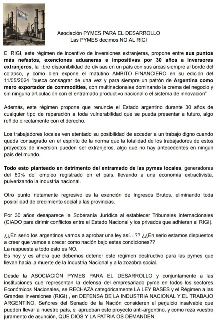 Las Pymes le decimos no al RIGI y al proyecto denominado "Ley de Bases"