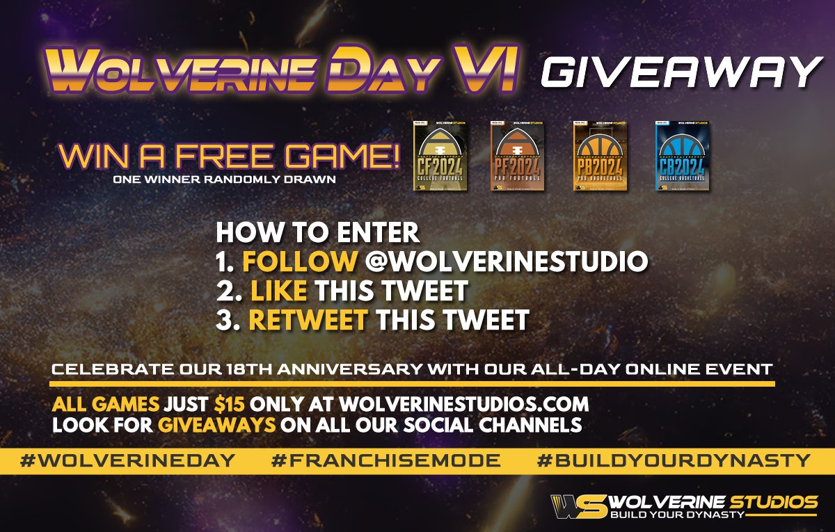 Wolverine Studios (@wolverinestudio) on Twitter photo 📢Attention sports fans - do you want a FREE GAME? Enter our Wolverine Day VI Giveaway and you could win one of our amazing games! All you have to do is
1⃣ Follow <a href="/wolverinestudio/">Wolverine Studios</a>
2⃣ Like this tweet
3⃣ Retweet this tweet
One winner will be drawn at random and notified here. 📢Attention sports fans - do you want a FREE GAME? Enter our Wolverine Day VI Giveaway and you could win one of our amazing games! All you have to do is
1⃣ Follow <a href="/wolverinestudio/">Wolverine Studios</a>
2⃣ Like this tweet
3⃣ Retweet this tweet
One winner will be drawn at random and notified here.