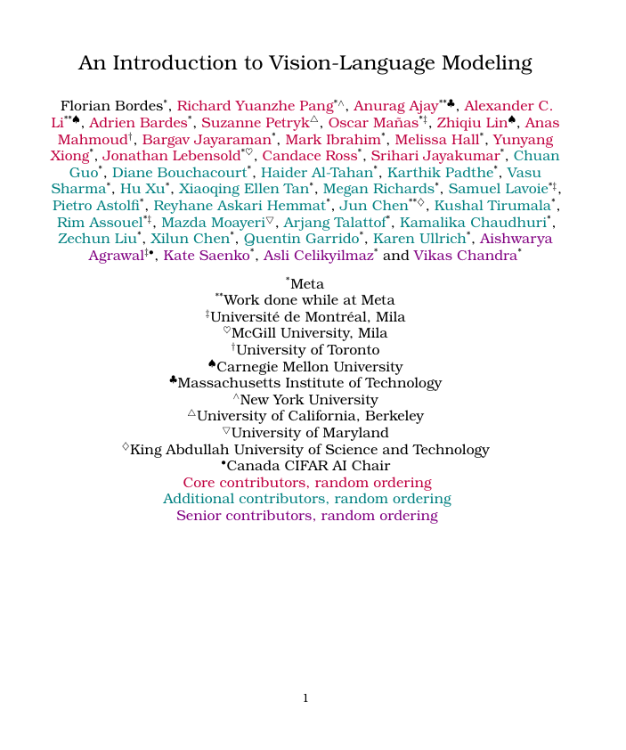 📝 New from FAIR: An Introduction to Vision-Language Modeling.

Vision-language models (VLMs) are an area of research that holds a lot of potential to change our interactions with technology, however there are many challenges in building these types of models. Together with a set