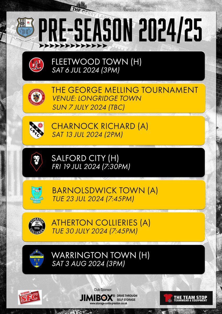 PRE-SEASON 2024/25 
Seven pre-season friendlies have now been confirmed ahead of the start of the new NPL Season.  Get them in your diaries.

Details also at bamberbridgefc.com #UpTheBrig