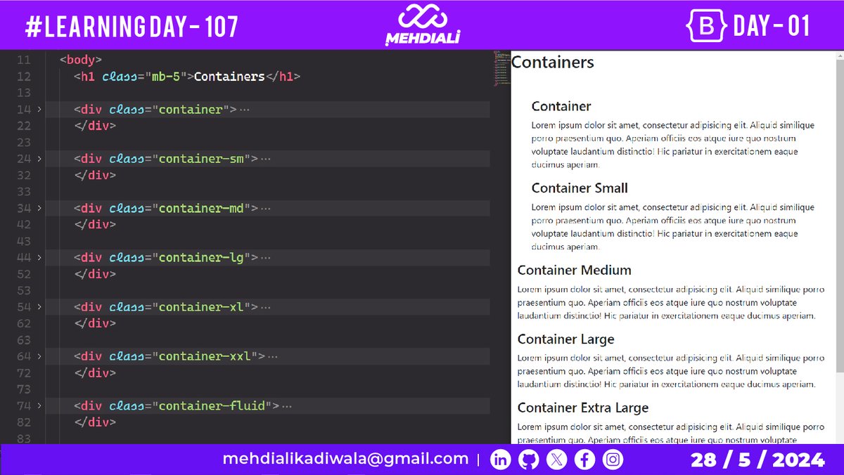 LEARNING-DAY – 107 | Bootstrap – DAY – 01
- Containers.

Github Link: github.com/mehdiali-mk/bo…

LinkedIn: linkedin.com/in/mehdiali-mk/

#365DaysofCode #365dayscoding #100daysofcodechallenge #100daysofcode #codedaily #Bootstrap #Bootstrap5 #BootstrapFramework #WebDesign #WebDevelopment