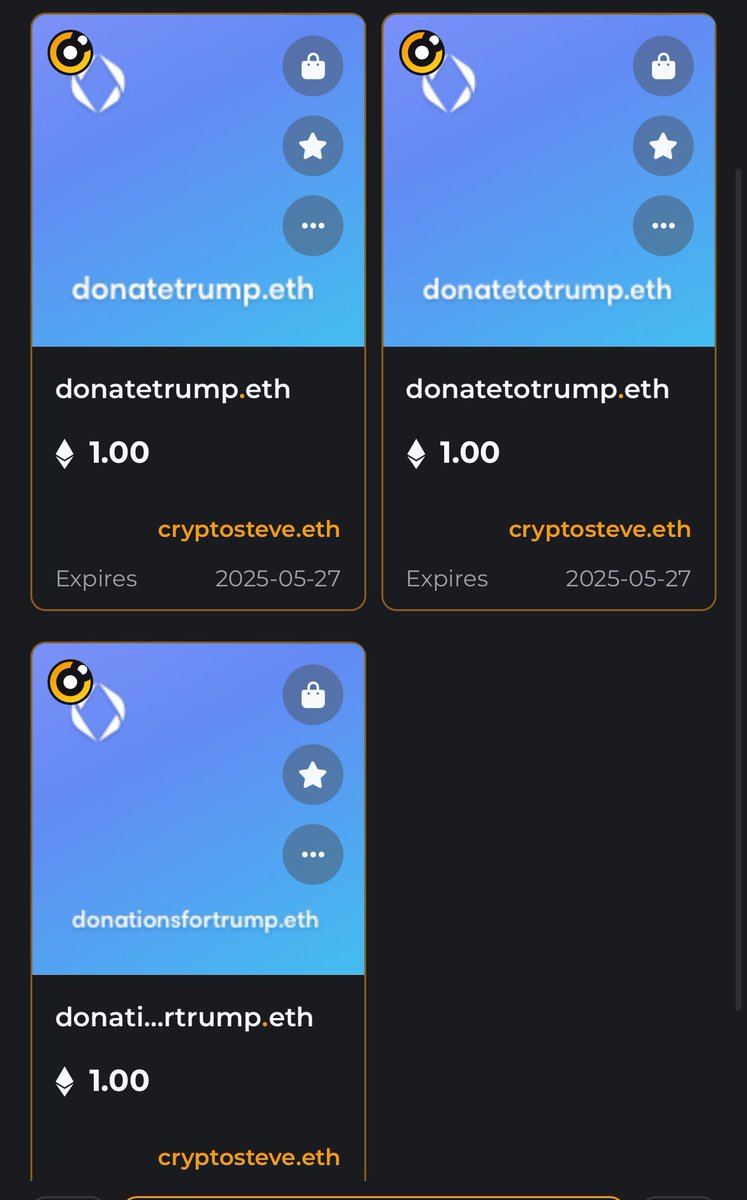 Time for @realDonaldTrump to buy a .eth and hit the easy button for his crypto donations DonateTrump.eth, DonateToTrump.eth and/or DonationsForTrump.eth.  
All three for 1.2 eth.