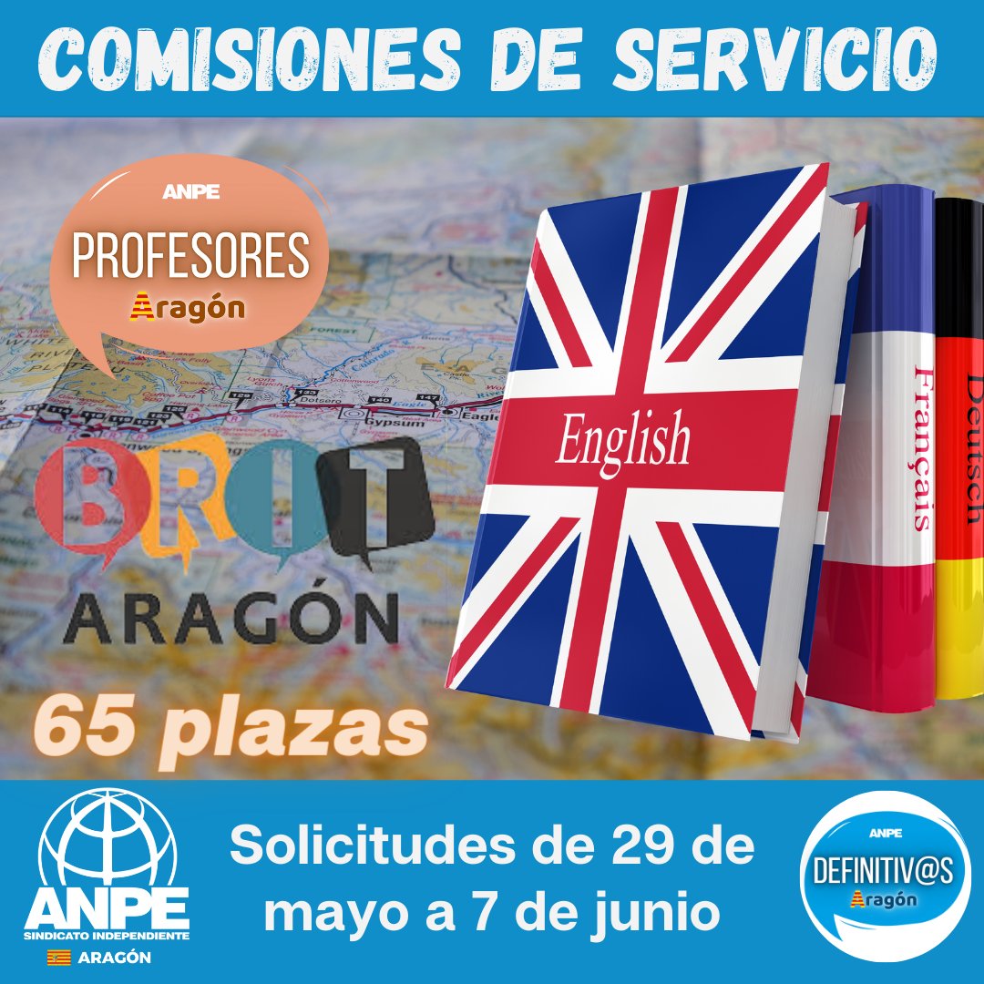 COMISIONES DE SERVICIO 📢 65 plazas BRIT Aragón para Secundaria. Curso 2024/25.
👉🏻 Dirigido a profesores de Secundaria de carrera y en prácticas con nivel C1 de idioma:
🇬🇧 53 plazas 🇫🇷 10 plazas 🇩🇪 2 plazas 
🌐 anpearagon.es/notices/167651
🔄<a href="/anpearagon/">ANPE Aragón | Sindicato independiente</a> 
#ANPEInforma