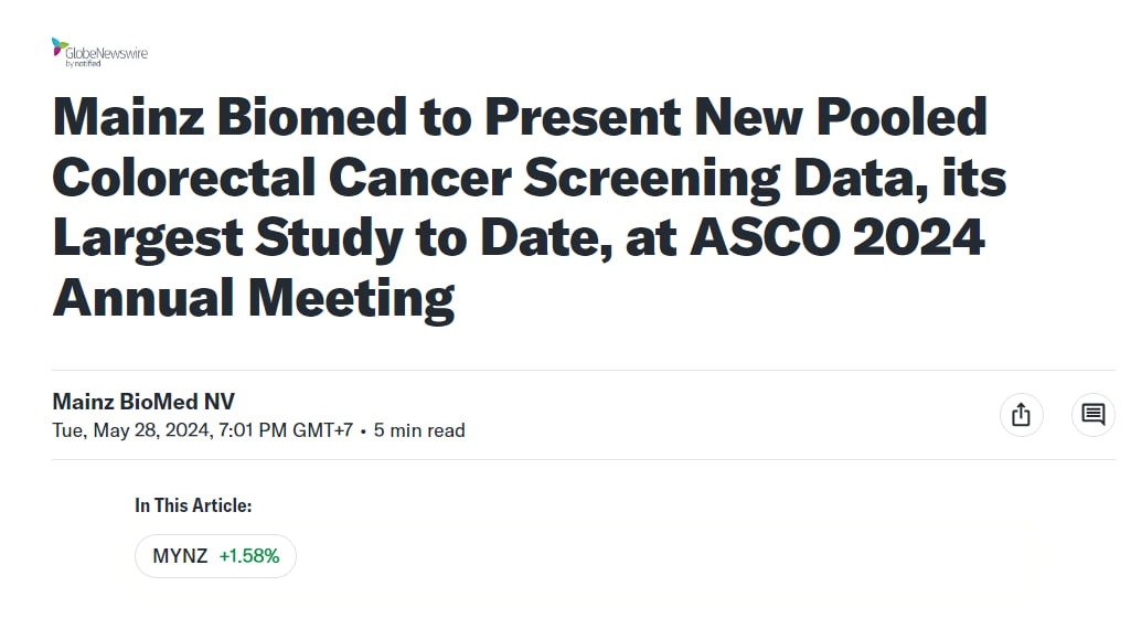 $MYNZ to showcase 92.3% sensitivity for CRC and 82.3% for advanced precancerous lesions in colorectal cancer screening at #ASCO2024. 🌟 Breaking News! Better results and 690 subjects led to a 21% price spike and volume surge. #FOMO $GME $AMC $HUGE $LBTYA $FYBR $NXST