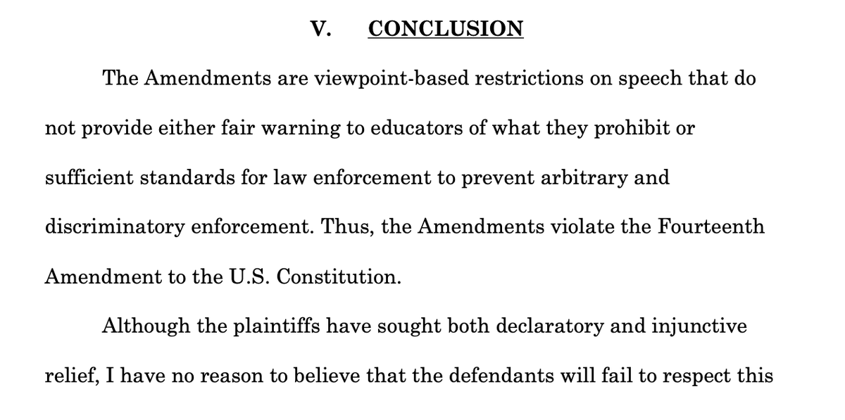 edewittNH's tweet photo. JUST IN: NH District Court Judge Paul Barbadoro has *struck down* the 2021 "divisive concepts"/"banned concepts" teaching law, ruling that it is unconstitutionally vague and violates the 14th Amendment.

Read the decision here: https://t.co/0HrUJPvpNg

#NHPolitics https://t.co/uSRyQmt9qN