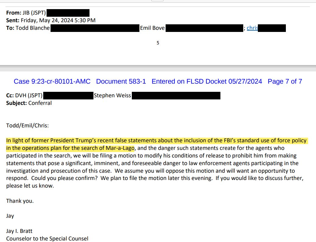 Here is the email exchange between Jay Bratt (Smith's prosecutor) and Trump's lawyers related to the gag order. This is part of what led to Judge Cannon's warning in her order today. As I said, this motion was part of DOJ's damage control spin about use of lethal force guidance