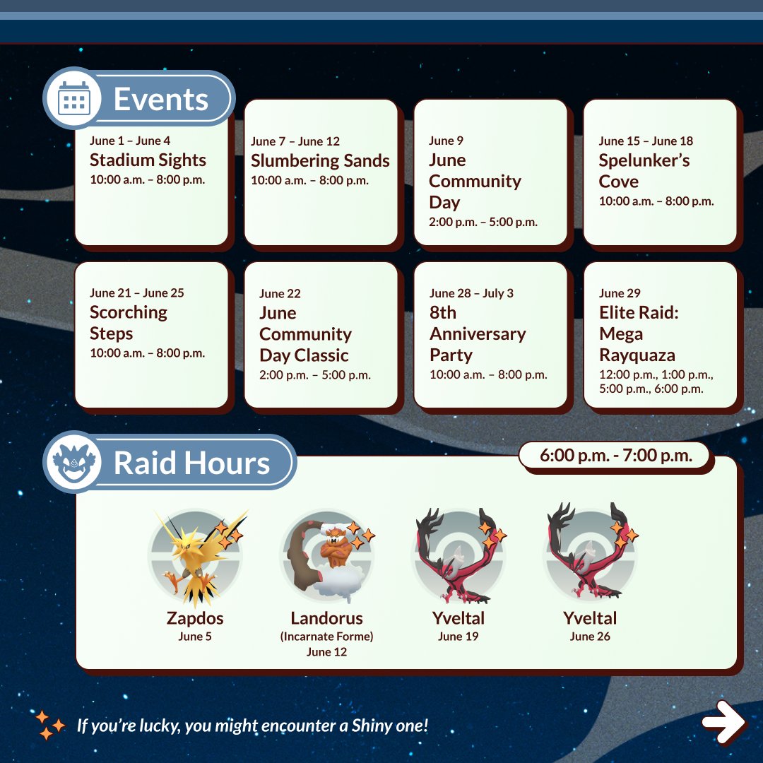 PokemonGoApp's tweet image. Shared Skies, Stadium Sights, Slumbering Sands, Scorching Steps... 🤔 Sounds like a stellar summer’s coming to #PokemonGO. ☀️😎🏖️