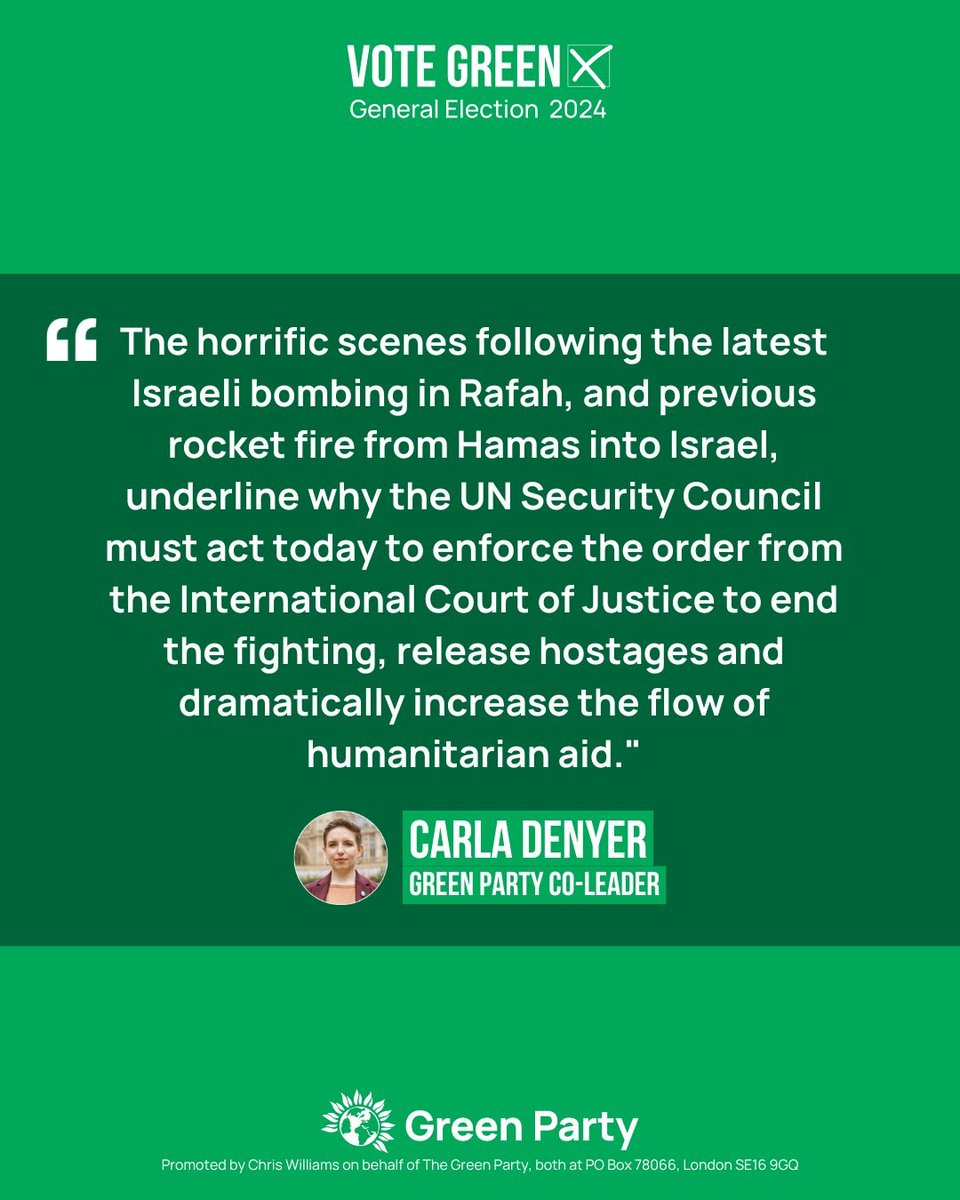 “The horrific scenes following the latest Israeli bombing in Rafah & previous rocket fire from Hamas into Israel, underline why the UN Security Council must act today to enforce the order from the ICJ to end the fighting, release hostages & dramatically increase the flow of aid.'