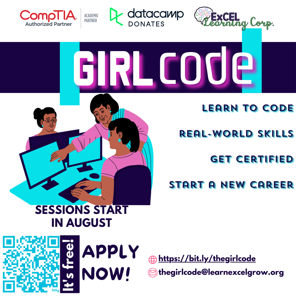 🚀 Unlock your future in tech! If you're a young woman eager to dive into the world of IT, the Girl Code Program is your next starting point. Learn to code for free and earn certifications. Ready to shape the future? Apply today! #TechWorld #Time2Code bit.ly/ELC-GirlCode