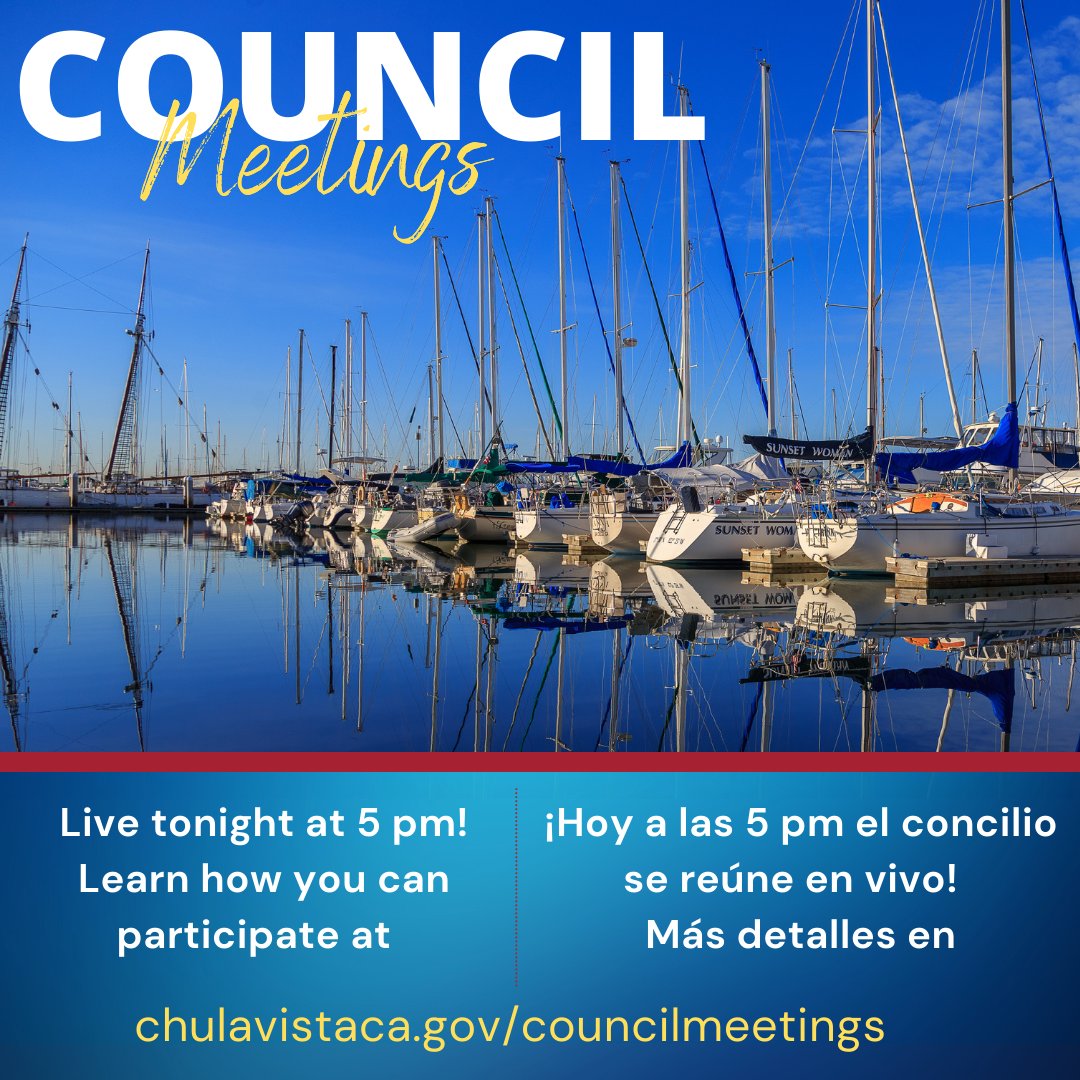 #ChulaVista City Council tonight at 5 pm. View the agenda, watch live on Cox Cable 24 (only CV) or livestream. Video stream in Spanish is available & interpretation for Spanish speakers is provided at the meeting. E-comments welcomed; details at chulavistaca.gov/councilmeetings