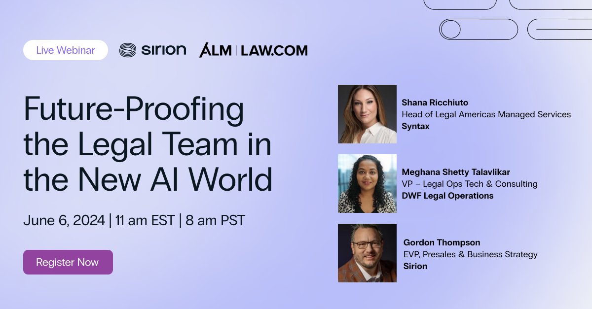 Ready to leverage #GenAI for your legal team? Join our webinar on June 6 at 11 AM EST to navigate the future of law with AI. Learn practical strategies, address risks, and explore AI-driven CLM platforms. Don’t miss out! #LegalTech #FutureProofing

law.com/2024/03/20/fut…
