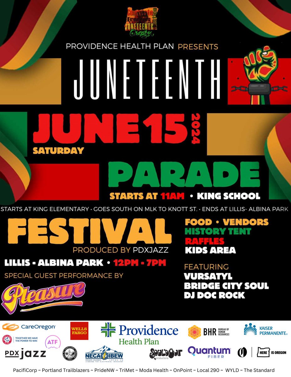 pdxjazz's tweet photo. You definitely don't want to miss this! Providence Health Plan presents 2024 Juneteenth Oregon Celebration! 

When: Saturday June 15, 2024 12-7 @ Lillis-Albina Park

Parade starts from King Park south on MLK turns west on Knott ends at Lillis-Albina Park. https://t.co/xr3EIsQZzo