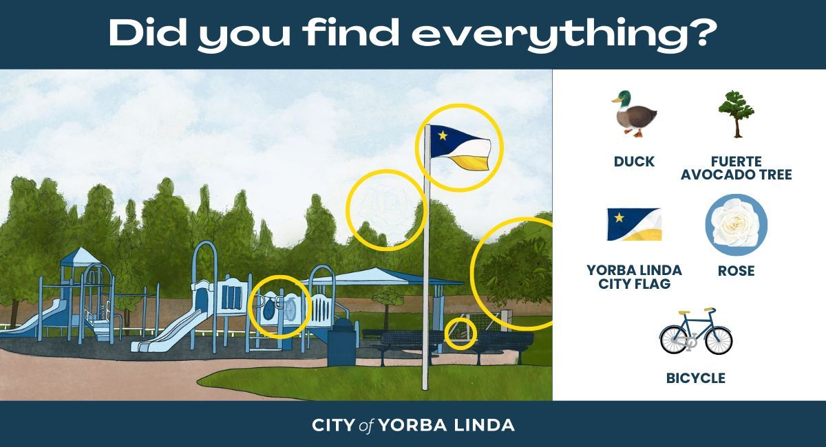 🌳🔍 Join our Yorba Linda park I-Spy challenge! Find City Flower 🌹, City Tree 🥑, City Flag, plus a duck 🦆 and bicycle 🚲. Comment if you spot them! #YorbaLinda #ISpyChallenge