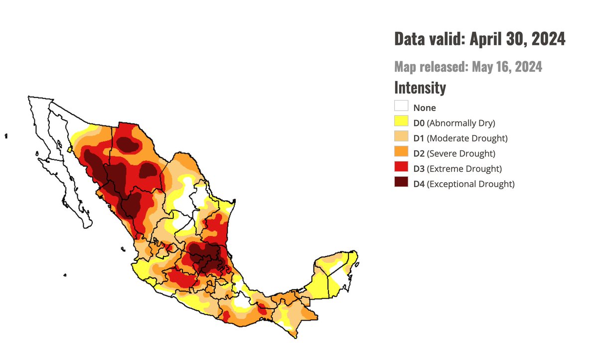 #Mexico City could run out of water within weeks. 'Day Zero' is counting down to June 26th. The whole country is in #drought conditions, and huge parts are in Extreme drought. A society can't run without water, and that could become a reality very soon in some regions.