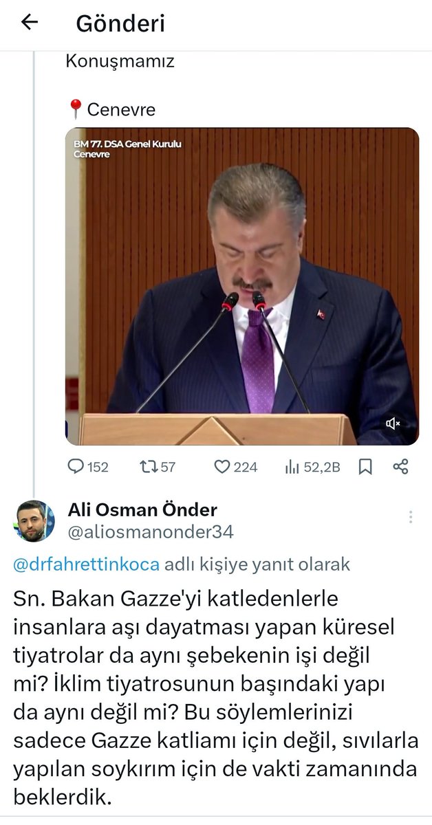 aliosmanonder34's tweet photo. Flaş! Sağlık Bakanı Fahrettin Koca DSÖ'nün 77. Sağlık Asamblesi'nde Gazze katliamı üzerinden yaptığı konuşmada "Küresel Tiyatrolar iflas etmiştir" ifadesini kullandığı görüntülü twitini sildi. Sn. Koca twiti neden sildiniz? Kim sildirdi? 'Küresel Tiyatrolar' devam mı? #SONDAKİKA https://t.co/7NAKYpNmL2
