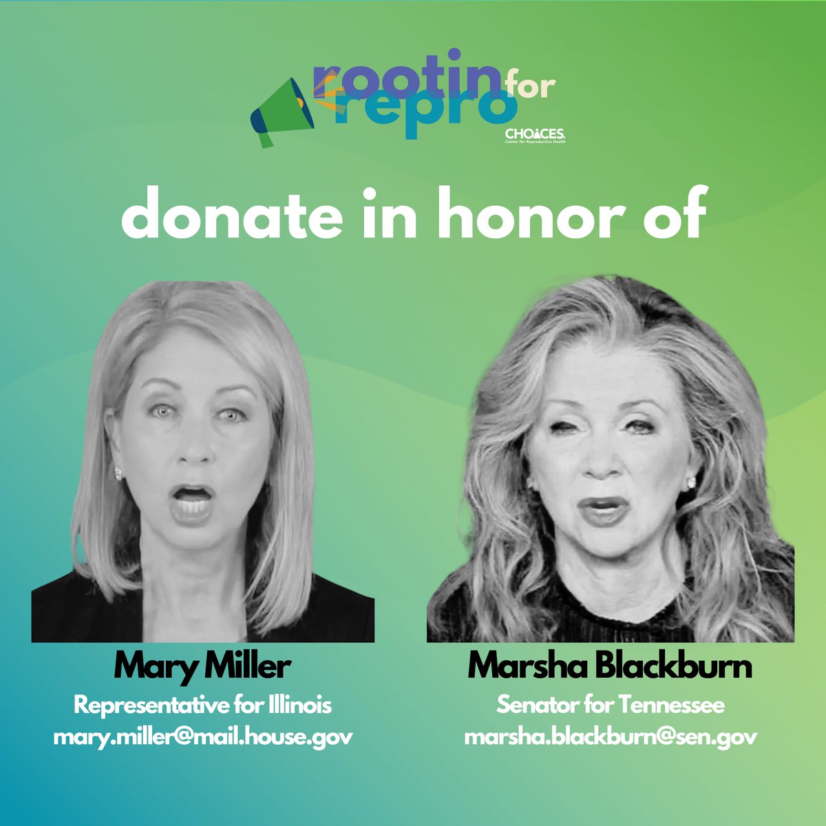 Dedicating your donation to CHOICES empowers patients and highlights the crucial work of independent clinics. Let politicians like Rep. Mary Miller (R-IL) and Sen. Marsha Blackburn (R-TN) know we aren't going anywhere! #SupportCHOICES #HealthcareForAll