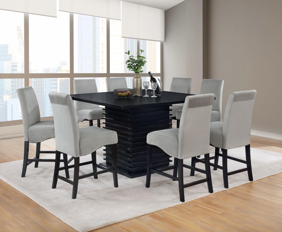 CoasterCompany's tweet image. Sophisticated modern ambiance tells the story of an eye toward non-conventional style with this chic counter height dining set.

Item # 102068-S9

Use the store locator to find a Coaster dealer near you. ✨ Link in bio! #dining #homedecor #counterheight