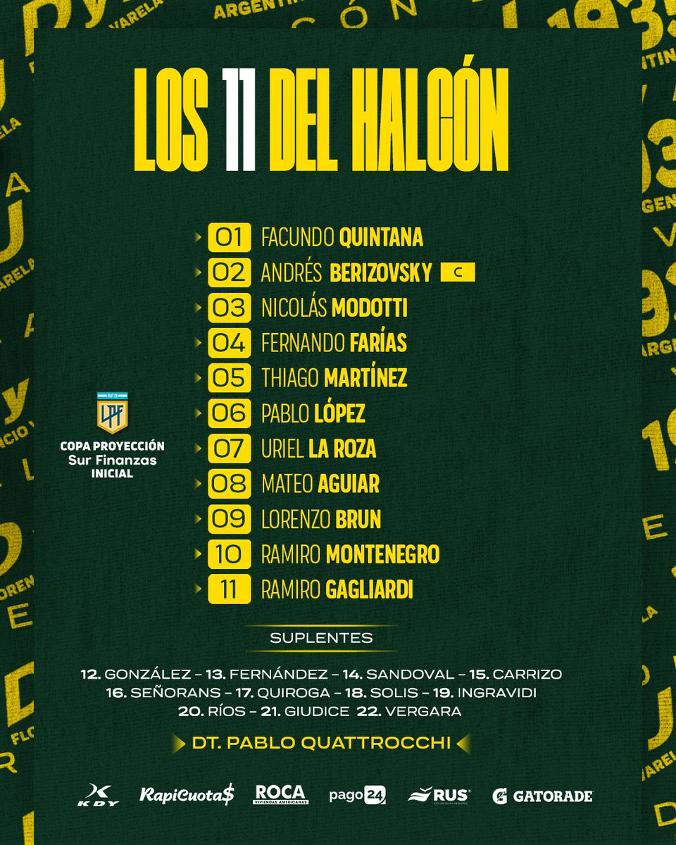#CopaProyeccionSurFinanzas
 
✅¡Los 11 del halcón confirmados!  

Así forma #DefensayJusticia 

▶️ [EN VIVO] por lpfplay.com

#VamosDefe💚💛💚
