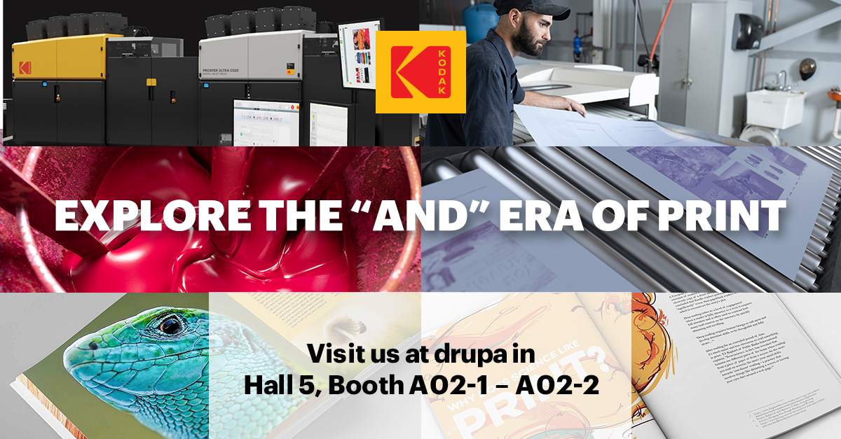 Kodak's tweet image. Our all new #inkjet and #offset solutions for the “and” era of print are officially here. We’re engaged in a live press event on-site at #drupa. 

Here’s what we’re talking about: bit.ly/44ZAaSQ.
